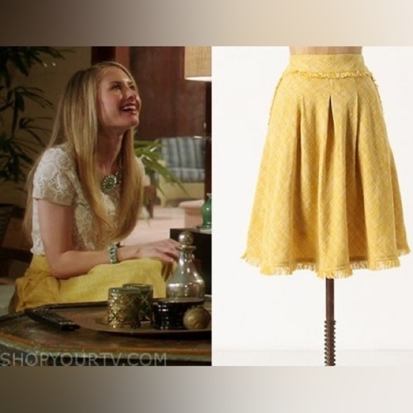 Maeve Women’s 4 Yellow Tweed A-Line Pleated Midi Skirt Fringe Hem Anthropologie - Picture 7 of 7